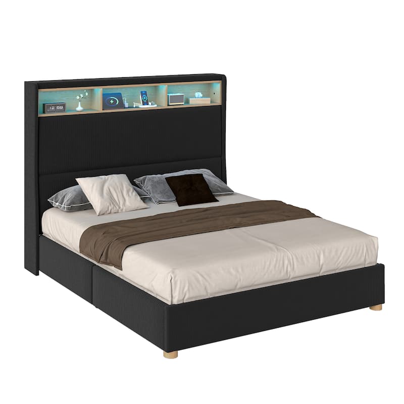 Moasis Corduroy Upholstered Platform Bed Frame with Charging Station and RGB LED Lights