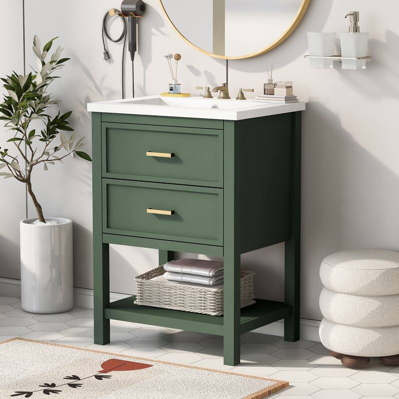 24" Bathroom Vanity with Top Sink, Modern Bathroom Storage Cabinet with 2 Drawers, Single Sink Bathroom Vanity