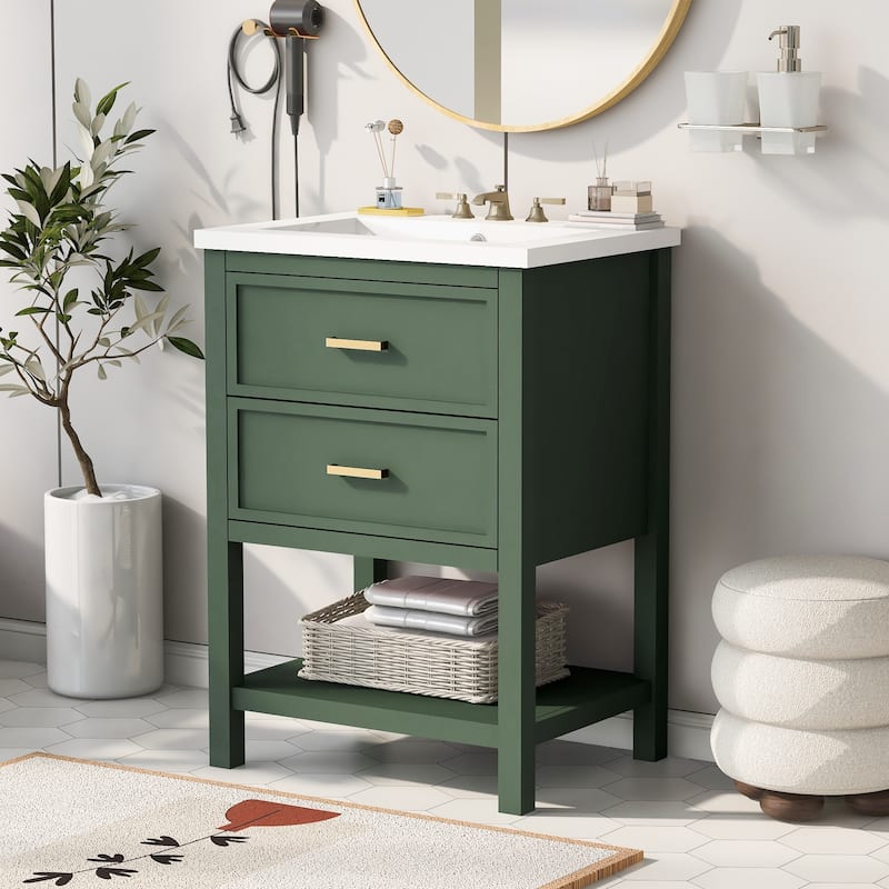 Small Bathroom Vanity with Top Sink, Undermount Bathroom Sink Cabinet, Bathroom Cabinet with 2 Drawers & Open Shelf