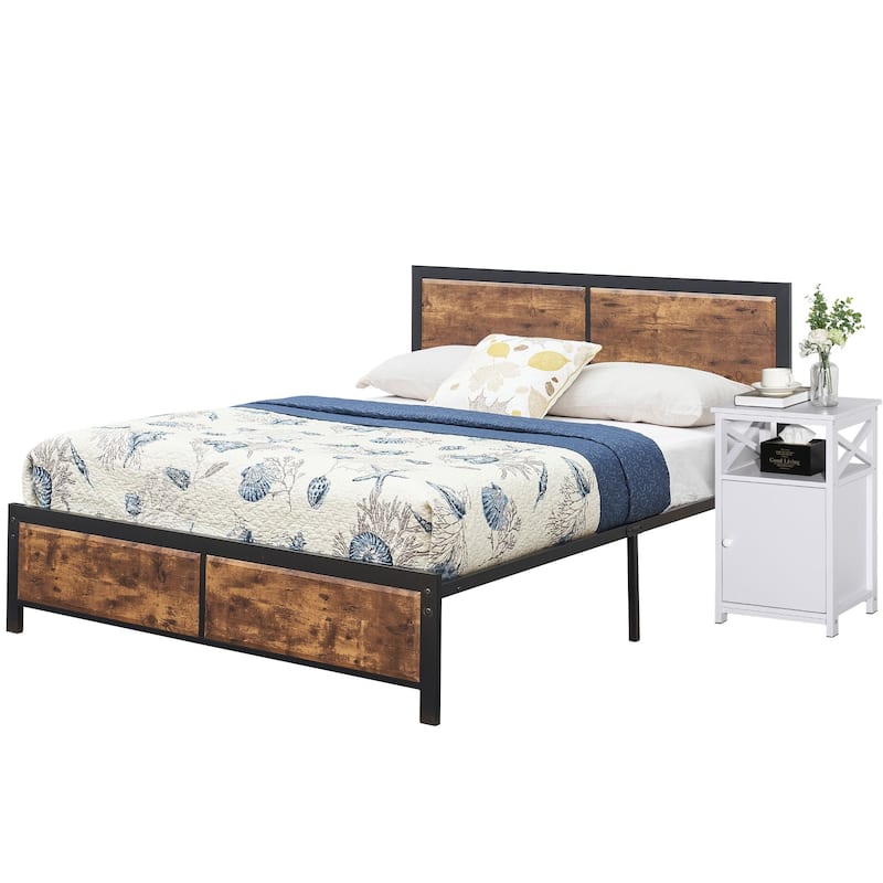 Taomika Industrial 3-pieces Bed with Wood Headboard and Nightstand Set