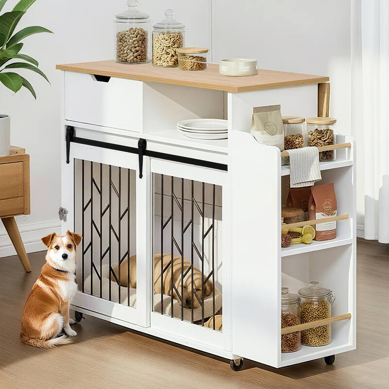 2-in-1 Dog Crate Kitchen Island with Sliding Door，Open Side Shelf, Drawer - Natural+White