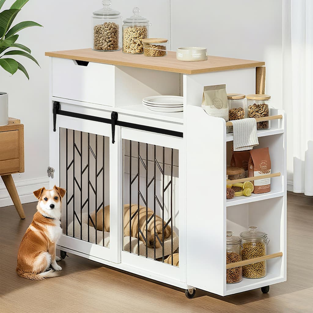 2-in-1 Dog Crate Kitchen Island with Sliding Door，Open Side Shelf, Drawer