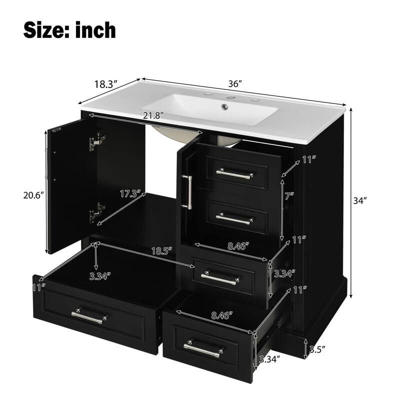 Traditional Bathroom Vanity with Ceramics Sink, Freestanding Cabinet with 3 Side Drawers, Bottom Drawer and 2 Soft Close Doors