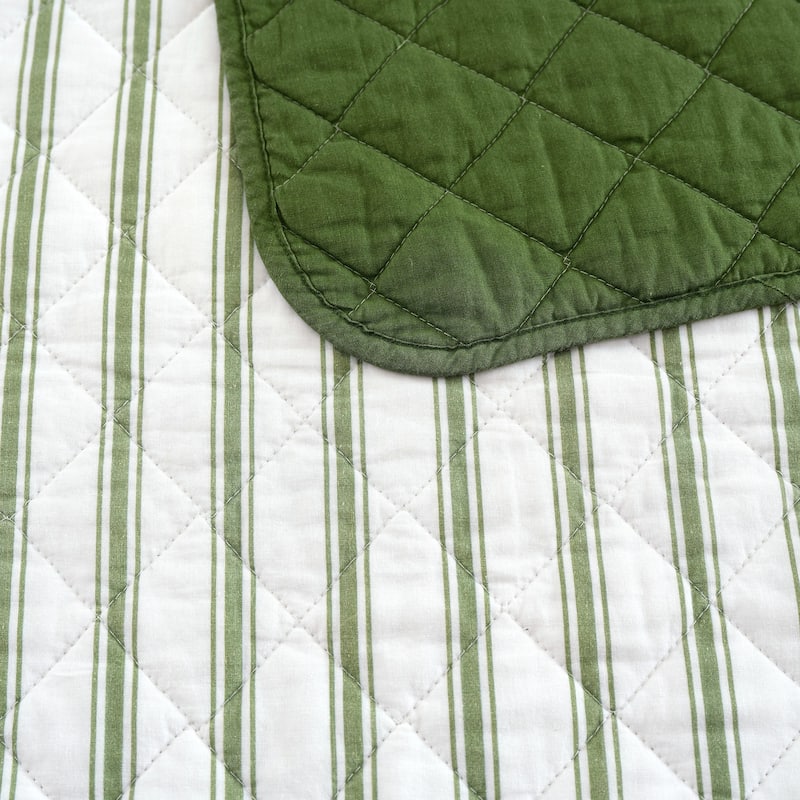 Martha Stewart Ticking Stripe Cotton Reversible Green Quilt Set