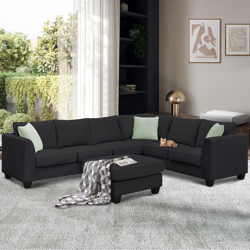 112'' Spacious L-Shaped 7 Seat Modular Sectional Sofa with Ottoman, 3 Pillows, Sturdy Wood and Iron Frame