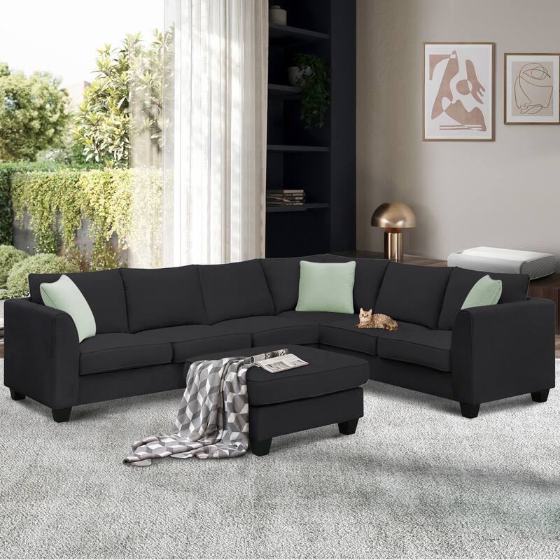 L Shape Modular Sectional Corner Couch Set with 3 Pillows, Ottoman - Black