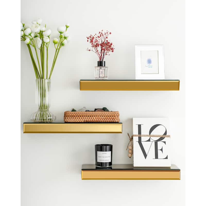 Set of 3 Mirrored Glass Floating Shelves - Gold