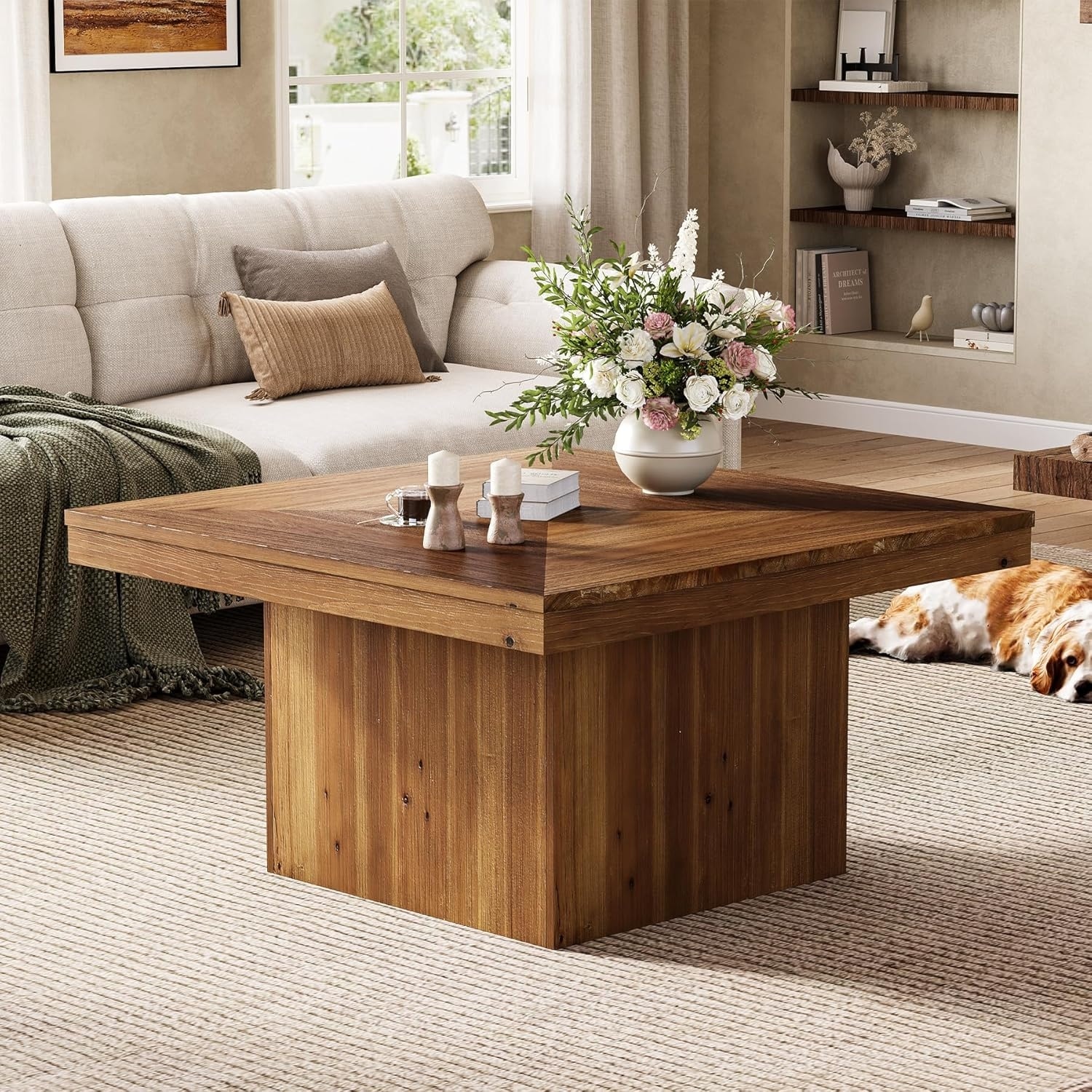 35.43" Mid Century Modern Square Coffee Table for Living Room, Wood Center Cocktail Accent Tea Table