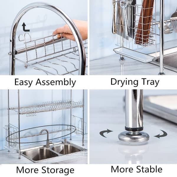 Dish Drying Rack, 304 Stainless Steel Double layer Dish Rack with Trays,  Utensil Holder, Cutting Board Holder, Rustproof Dish Drainer for Kitchen  Counter, Silver 