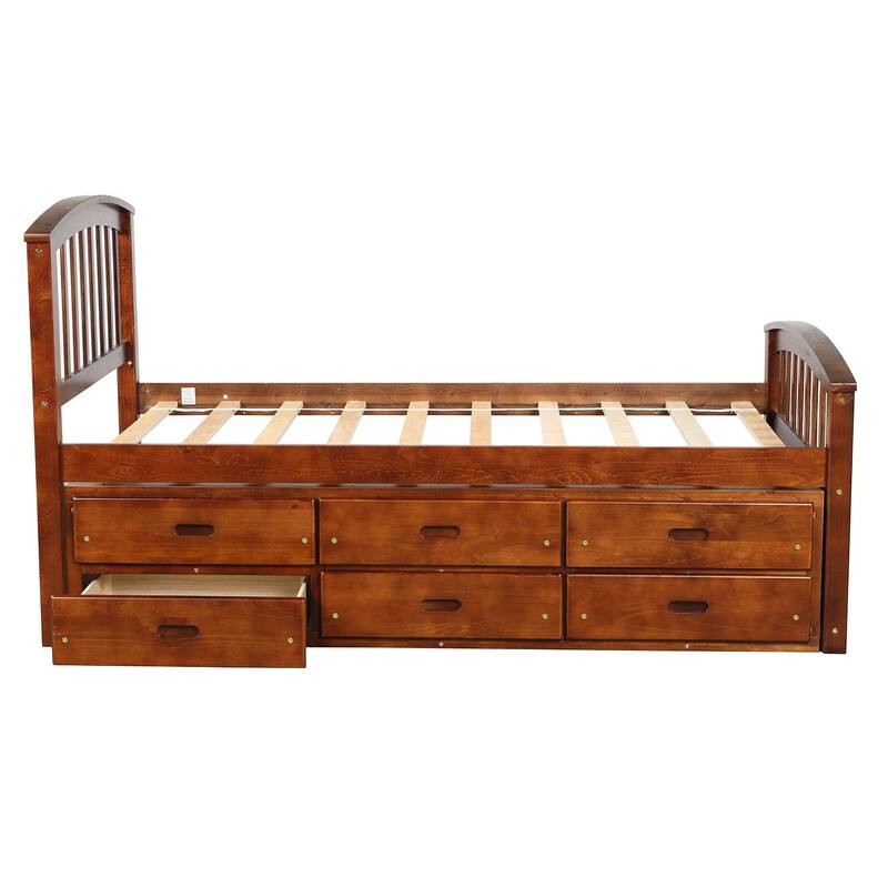 Twin Size Solid Wood Platform Storage Bed with 6 Drawers