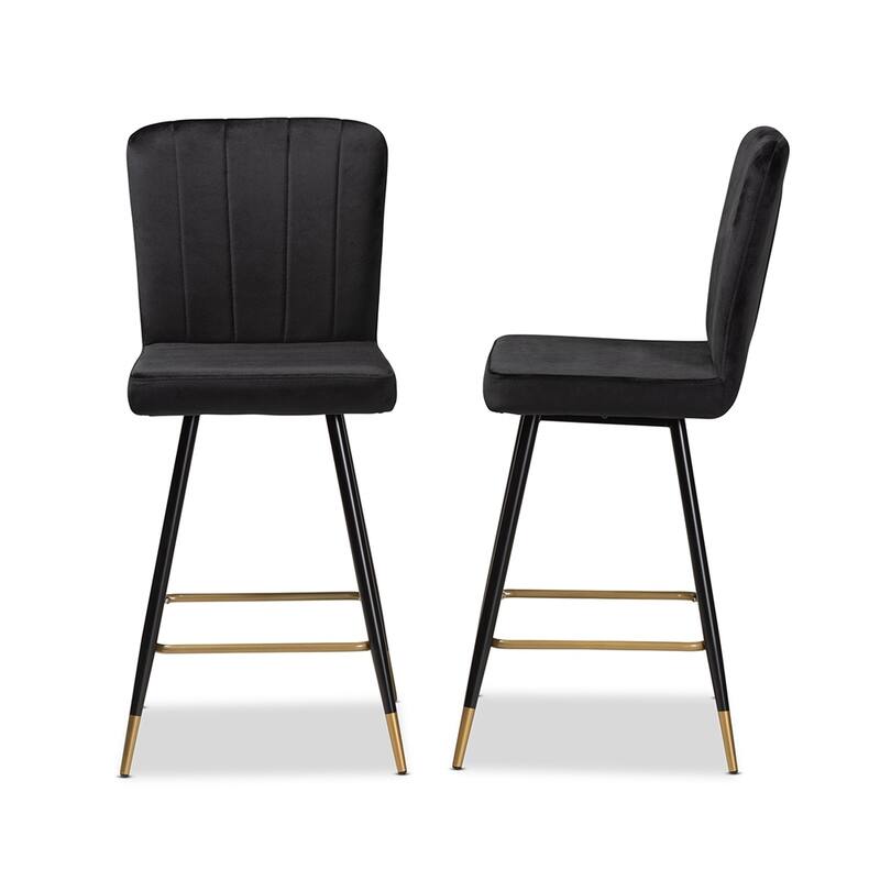 Preston Modern Luxe and Glam Velvet Fabric Upholstered Black and Gold Finished Metal 2-Piece Bar Stool Set