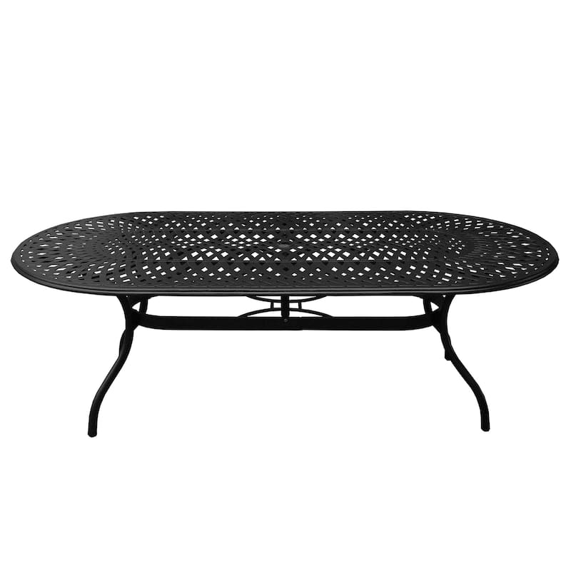 Outdoor Lattice 95-inch Bronze Oval Dining Set with Eight Arm Chairs