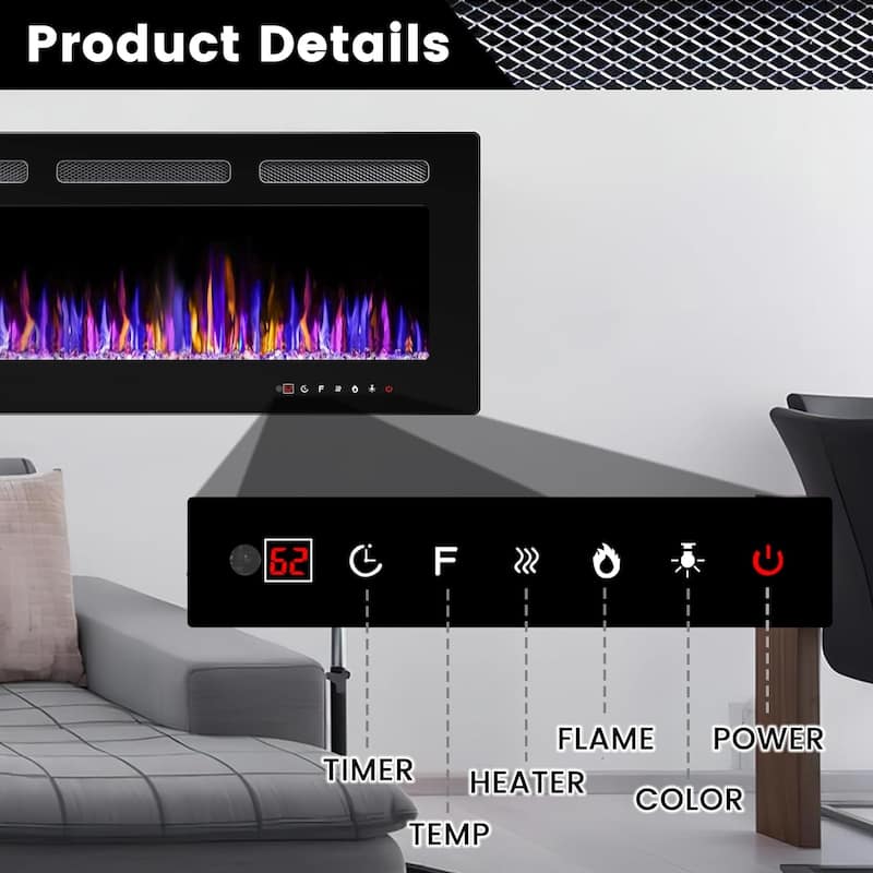 BOSSIN Electric Fireplace Wall Mounted and Recessed with Remote Control, 750/1500W Ultra-Thin Wall Fireplace Heater, Low Noise