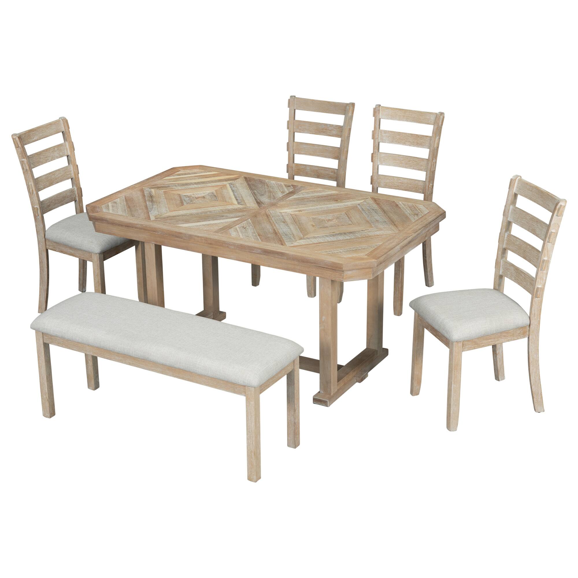 6Piece Distressed Dining Table Set with Soft Upholstered Chairs & Bench Rustic Charm, Rubber