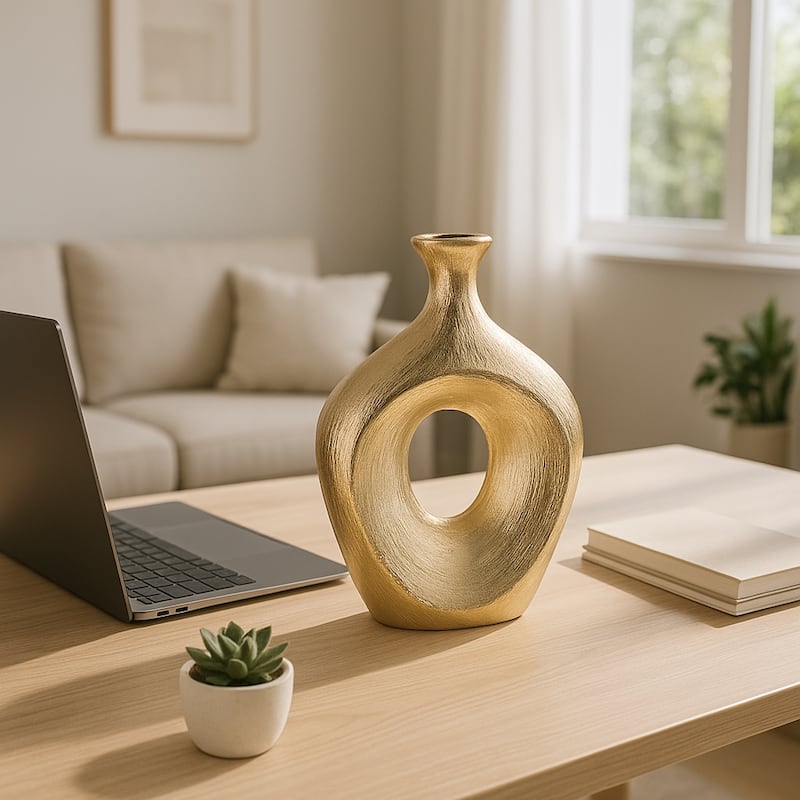 Modern Ceramic Textured Oval Cut-Out Vase - Home Decor - 13"