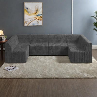 130.32" U-Shaped Corduroy Modular Sectional Sofa with No-Assembly Foam Construction & Convertible Sleeper (6/7/9-Seater Options)