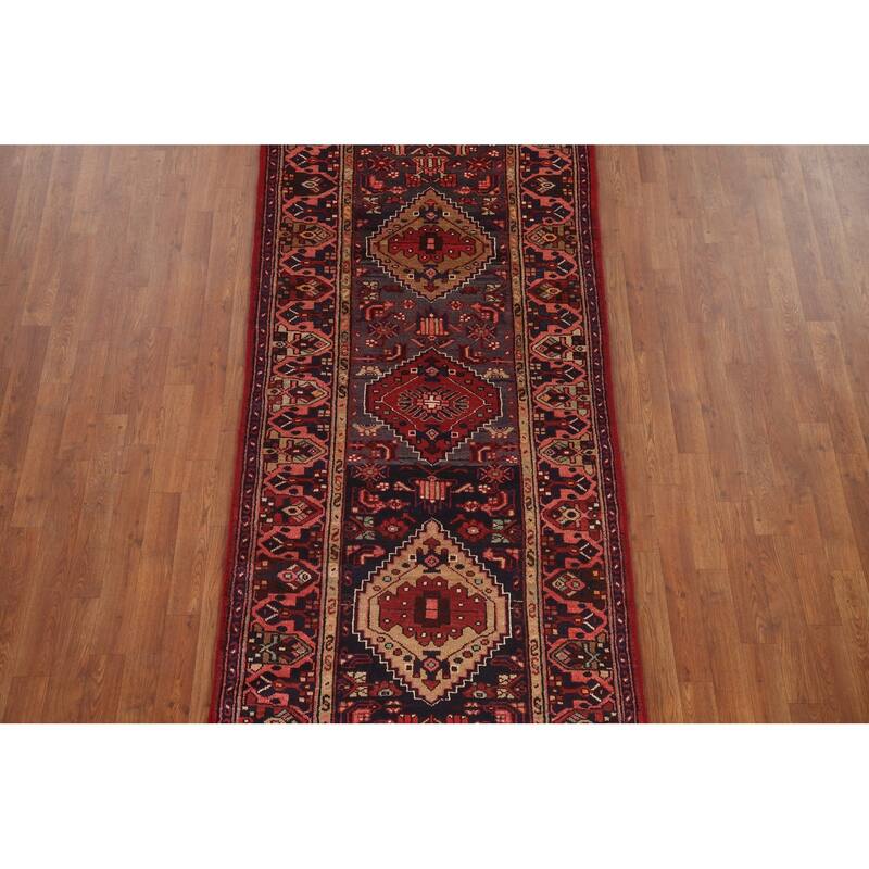 Hand Knotted Oriental 100% Wool Carpet Traditional Tribal Navy Blue & Blues Hamedan Runner Rug - 10' 9'' X 3' 6''