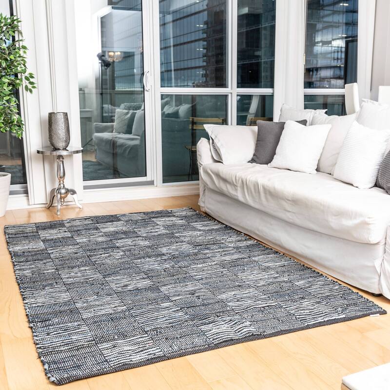 Fabstyles Denim Leather Checkerboard Handmade Area Rag Rug