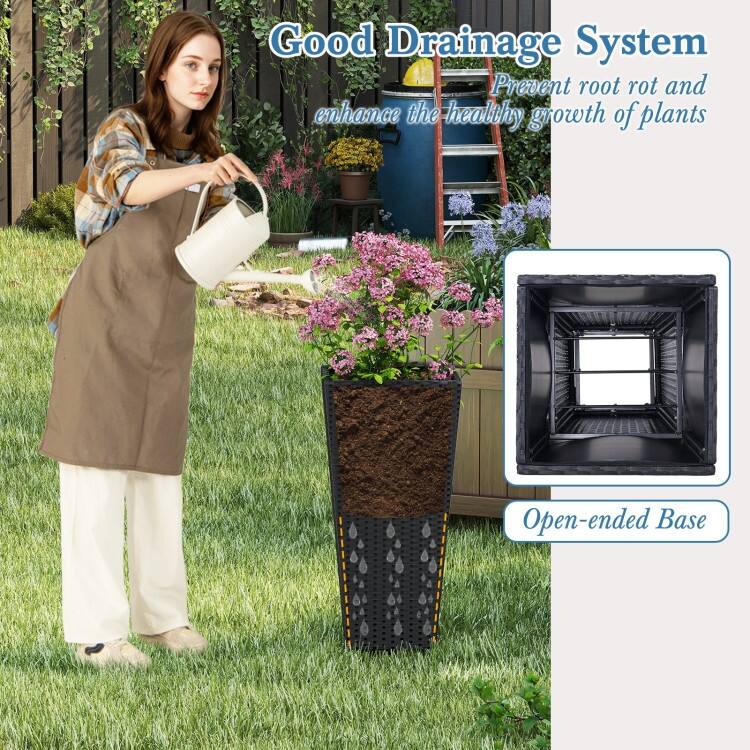 Black PE Rattan Metal Tall Planter Set of 2 with Drainage and Liner for Patio - 15" x 15" x 30" (L x W x H)