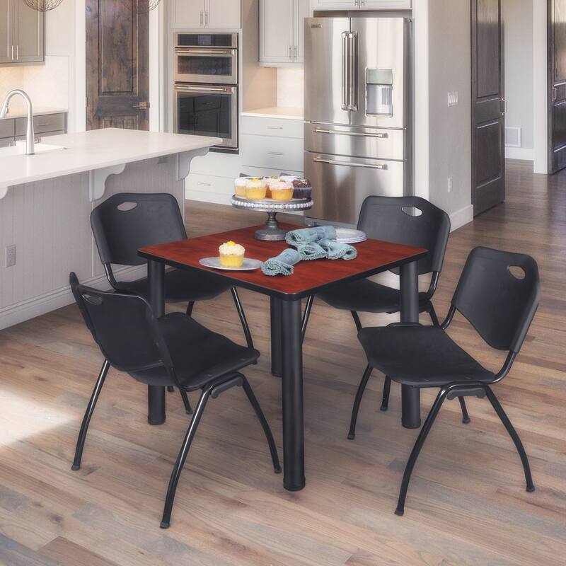 30" Square Breakroom Table- Cherry/ Black & 4 'M' Stack Chairs- Black - Cherry, Black - 30
