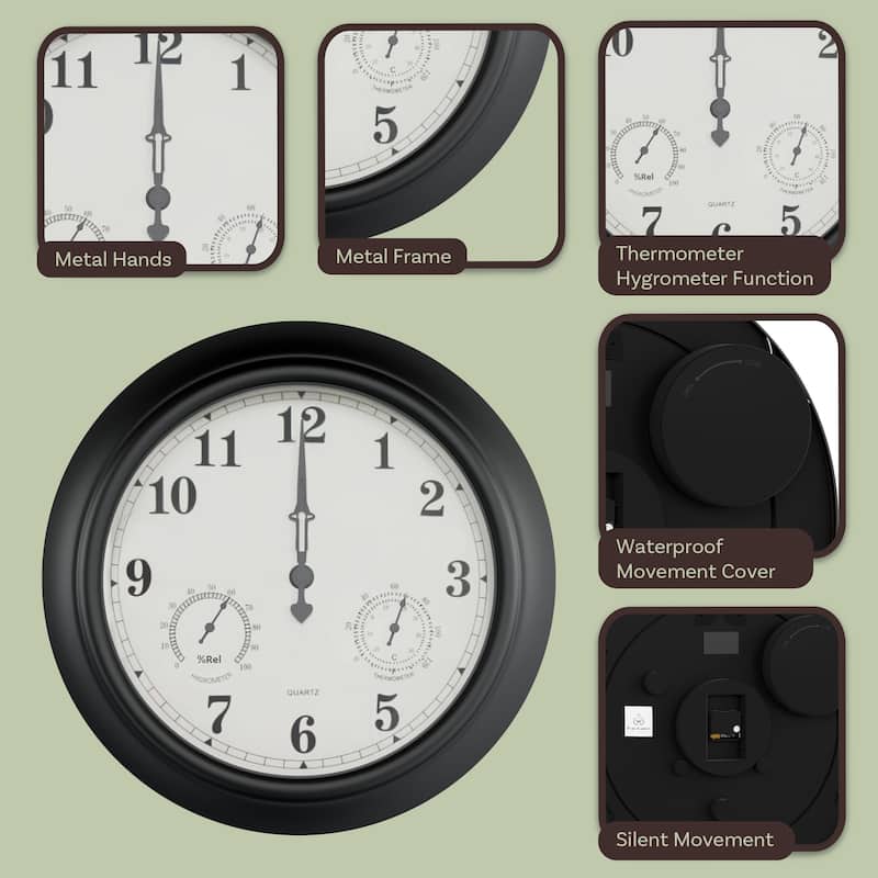 Indoor Outdoor Clock Thermometer Combo - 18-Inch Waterproof Outdoor Wall Clock with Temperature and Humidity by Pure Garden