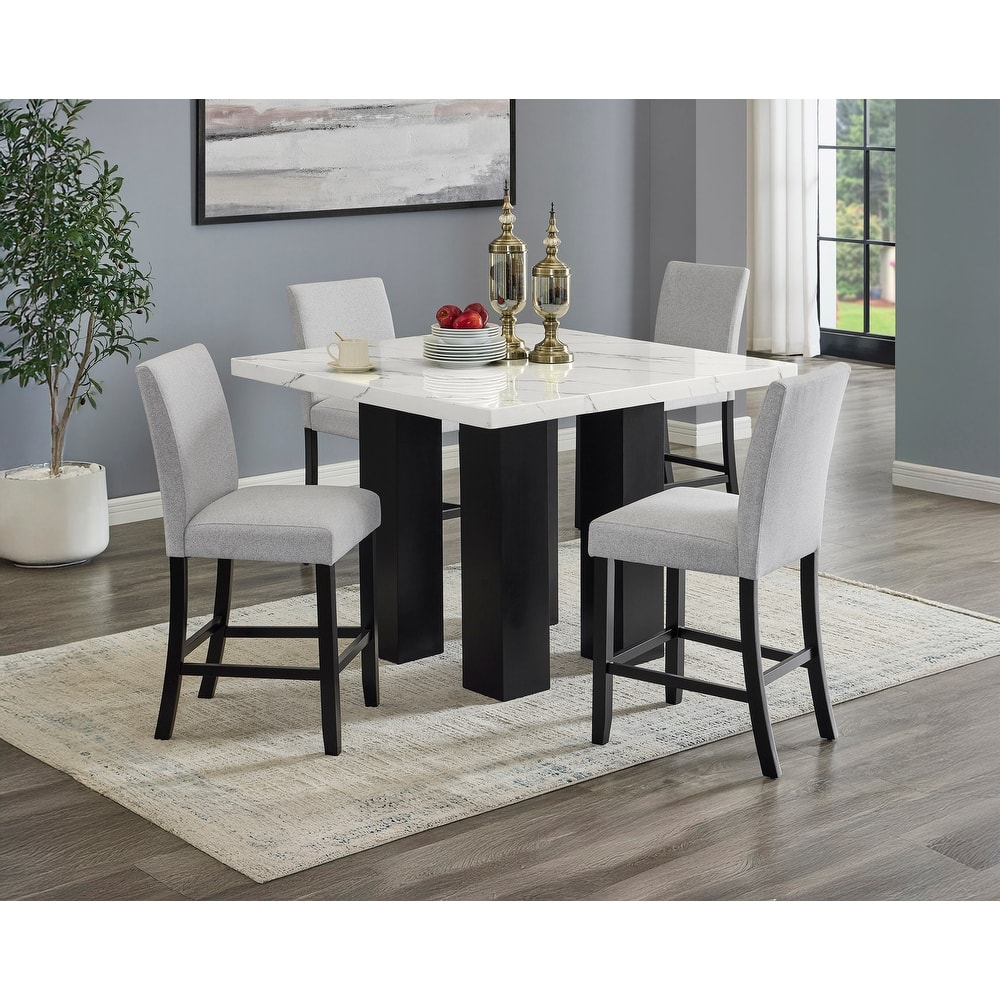 5 Pcs Counter Height Dining Table Set, Dining Room Wooden Furniture Set with Faux Marble Table Top and 4 Upholstered Chairs