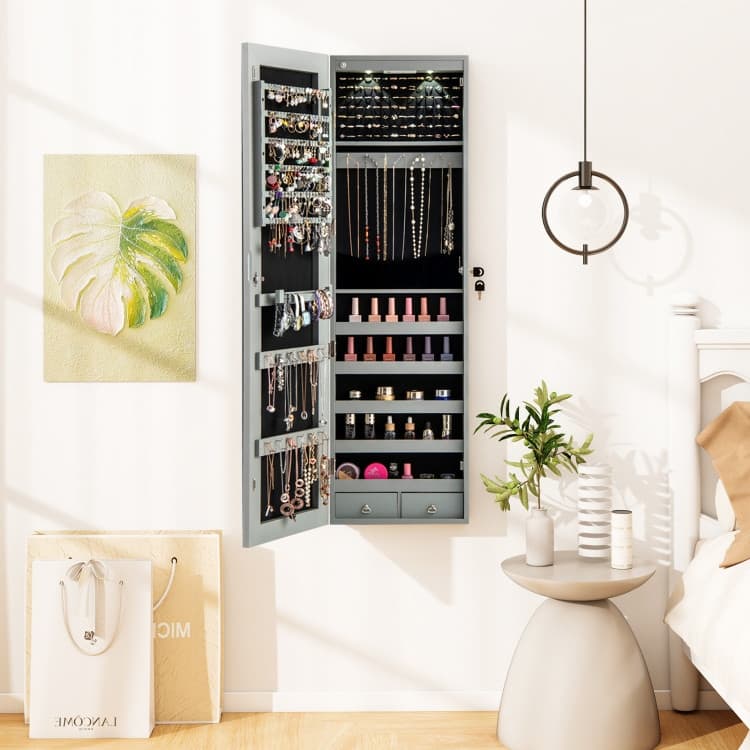 LED Lights Wall and Door Mounted Jewelry Storage Lockable Cabinet with Full Length Mirror - 14" x 4" x 54.5" (L x W x H)