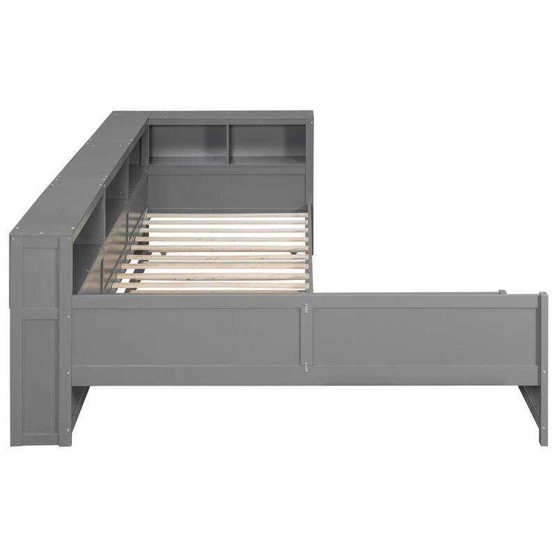 Wood Twin Size L-Shaped Platform Bed with Trundle Drawer Storage