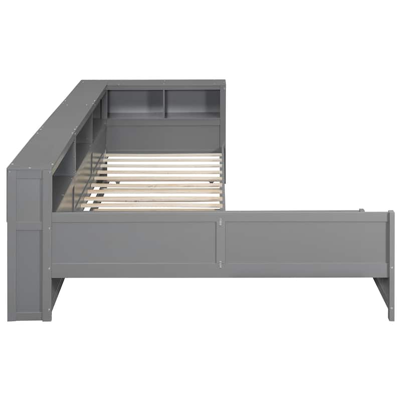Wood Twin Size L-shaped Platform Bed with Trundle, Charging Station and Storage Shelves