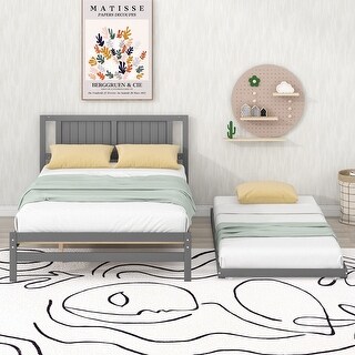 Full Size Platform Bed with Adjustable Trundle & Sturdy Headboard, Grey