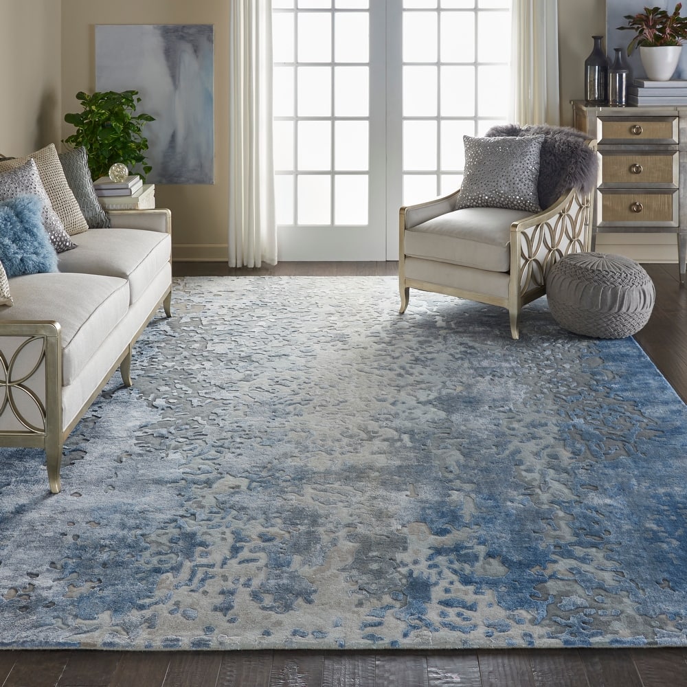 Nourison Prismatic Shimmering Carved Blue Ivory Abstract Area Rug