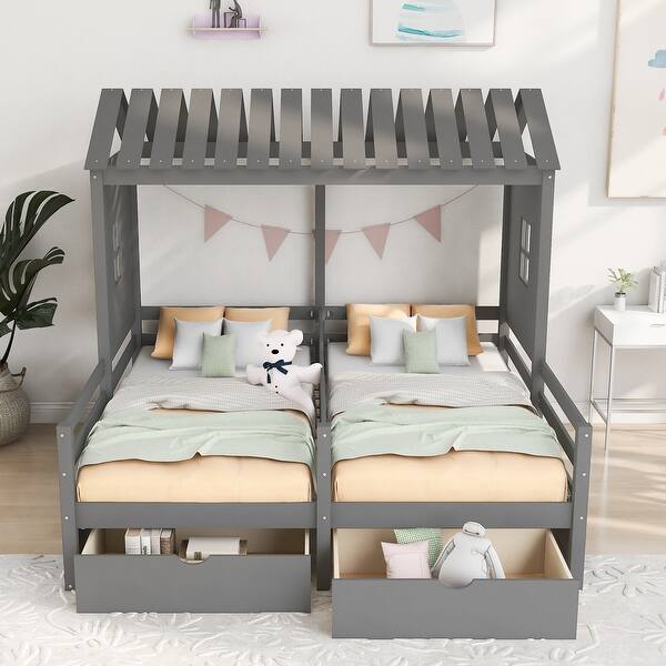 slide 2 of 9, Twin Size House Platform Beds with Two Drawers for Boy and Girl Shared Beds, Combination of 2 Side by Side Twin Size Beds Grey