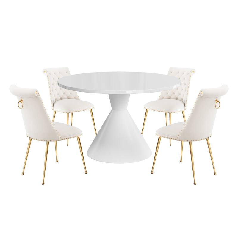 48" Light Luxury White High Gloss Large Countertop Dining Table with Velvet Dining Chair Set