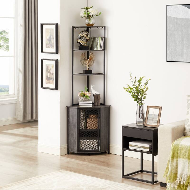 Javlergo 5-tier Wood Bookshelf Bookcase Display Corner Shelf with Storage and Glass Holder 63" Wine Bar