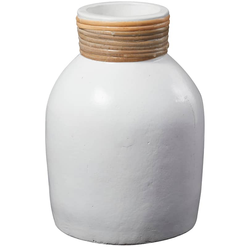 White Ceramic Decorative Vase with Wrapped Rattan Detailing