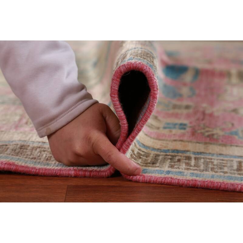 Hand Knotted Oriental 100% Wool Carpet Transitional Geometric Pink Oushak Area Rug - 7' 0'' X 5' 4''