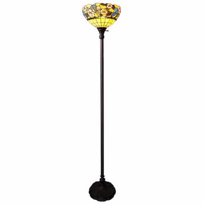 Green Glass Tiffany Floor Lamp with Brown Metal Base and Rotary Socket Switch - 14” x 14” x 70” (D x W x H)
