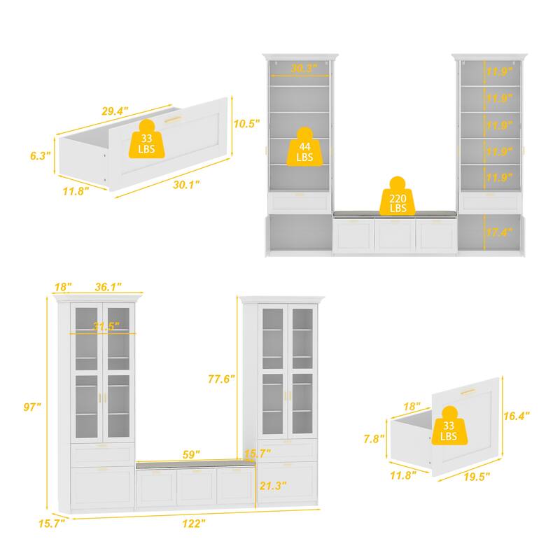 Display Cabinet Set w/Tempered Glass Doors and Storage Bench Bookshelves Bookcase