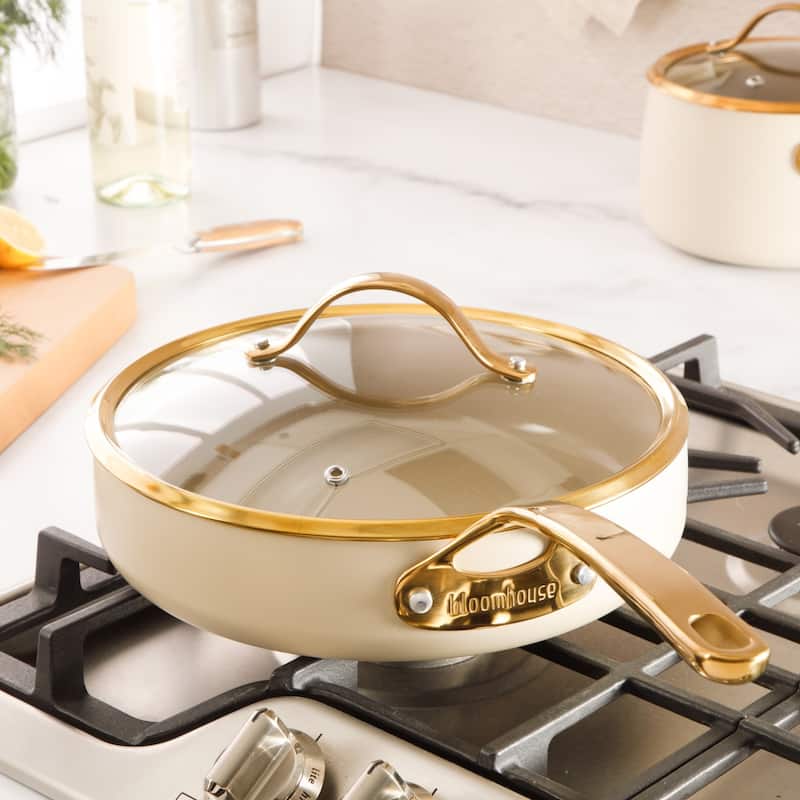 Bloomhouse 10 Inch Heavy Duty Aluminum Premium PFA Free Ceramic Nonstick Frying Pan Skillet with Lid - Almond Cream