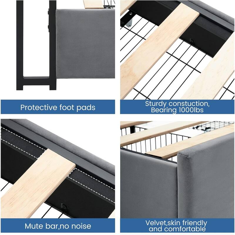 Queen Grey Bed Frame with 4 Storage Drawers and Charging Station,with Storage Headboard