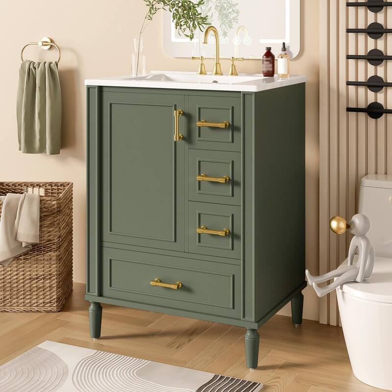 24" Modern Bathroom Vanity with Ceramic Sink, Soft-Close Door, 3 Drawers, Gold Handles & Door Rack