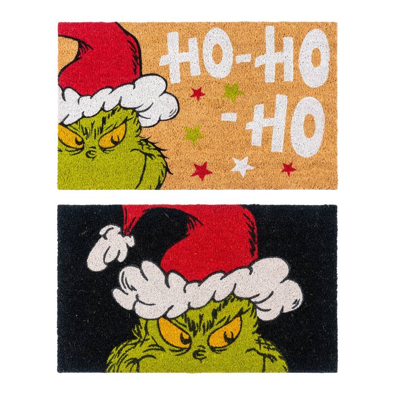 Licensed Dr Seuss Grinch Coir 'Ho Ho Ho' and Grinch Smile Graphic Door Mats, 2PK - 1'6" x 2'8"