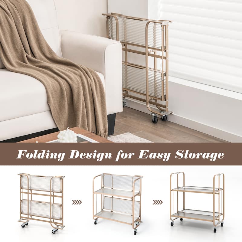 2-Tier Mobile Serving Cart with Tempered Glass Shelf-Golden - 26" x 16" x 28.5"