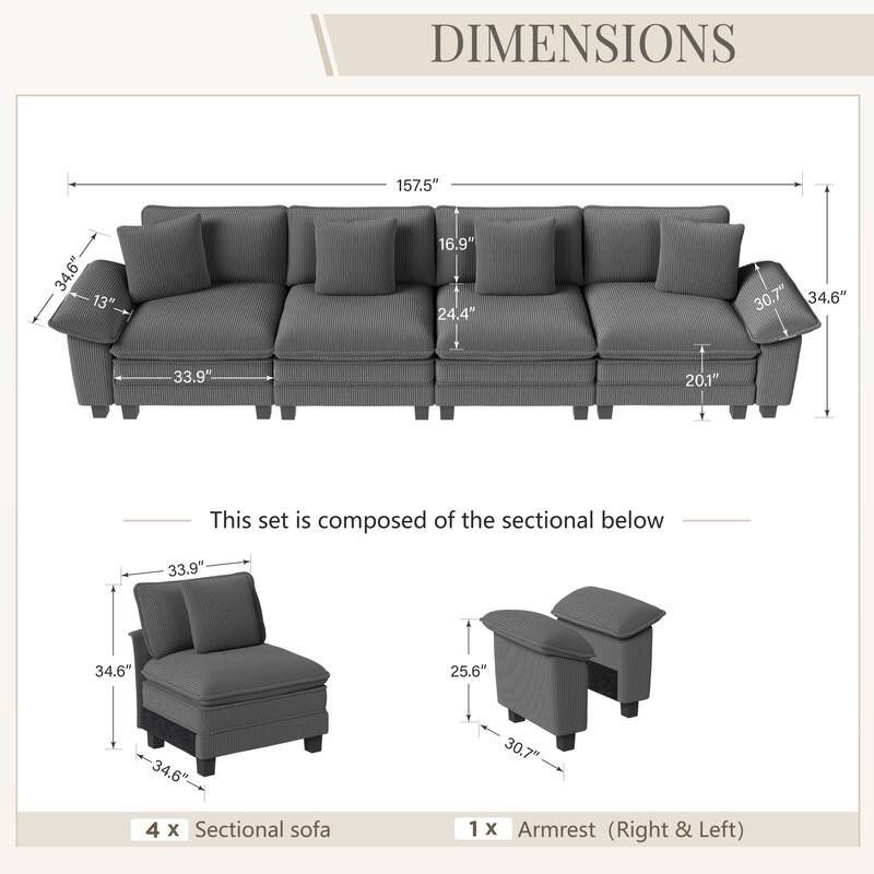 MAISON ARTS Cloud Modular Deep Seat Sofa, Chenille or Corduroy Sectional Couch with Removable Arms, 1–4 Seater