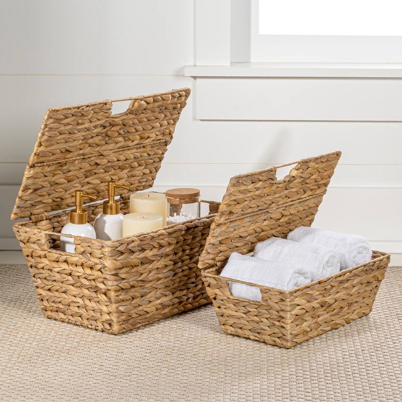 Hyacinth Rectangular Storage Baskets with Lids & Handles (Set of 2) - Natural