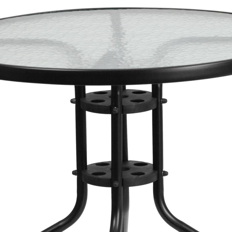 31.5" Round Glass Metal Table with 4 Metal Aluminum Slat Stack Chairs