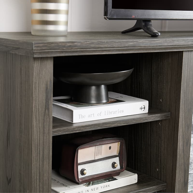 TV Media Stand with Faux Stacked Stone, Console Table with Large Storage Cabinet, Media Entertaionment Stand with Shelves