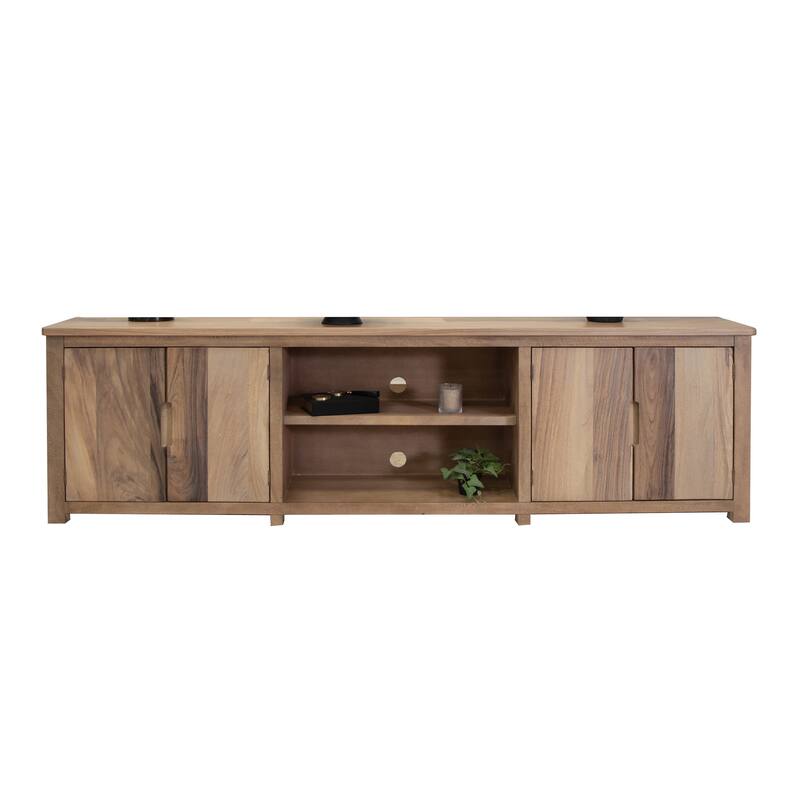 Umey 93 Inch TV Entertainment Console, 3 Shelves, 4 Doors, Brown Wood