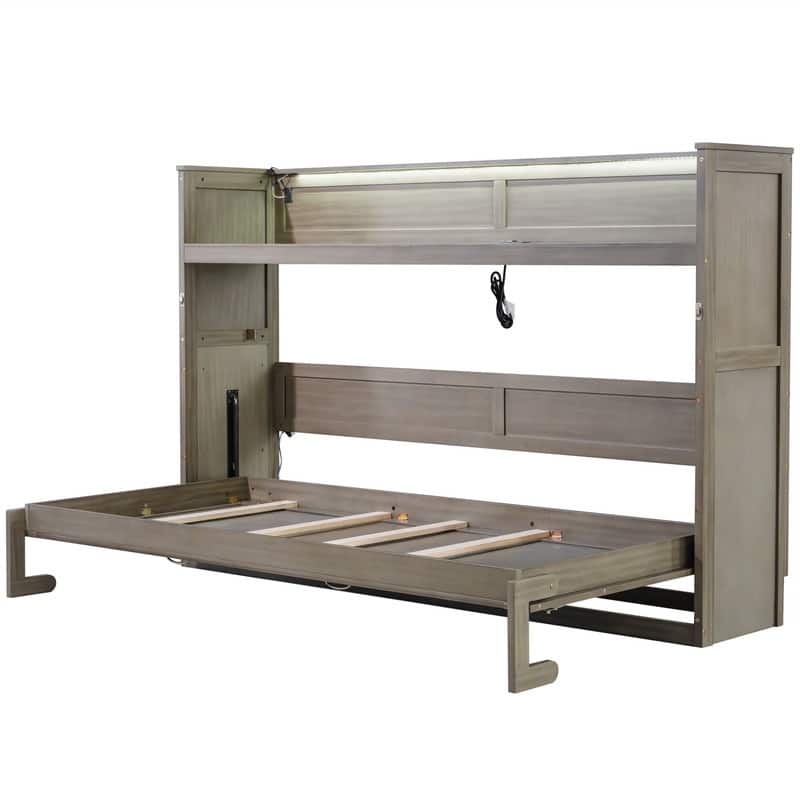 Twin XL Size Murphy Bed Wall Bed with Desk and LED Light, Solid Wood Foldable Murphy Cabinet Bed with USB Charging Station