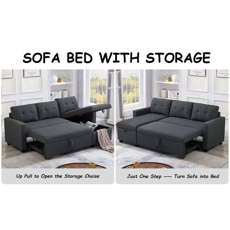 Modern Upholstered Pull Out Sectional Sofa with Storage Chaise